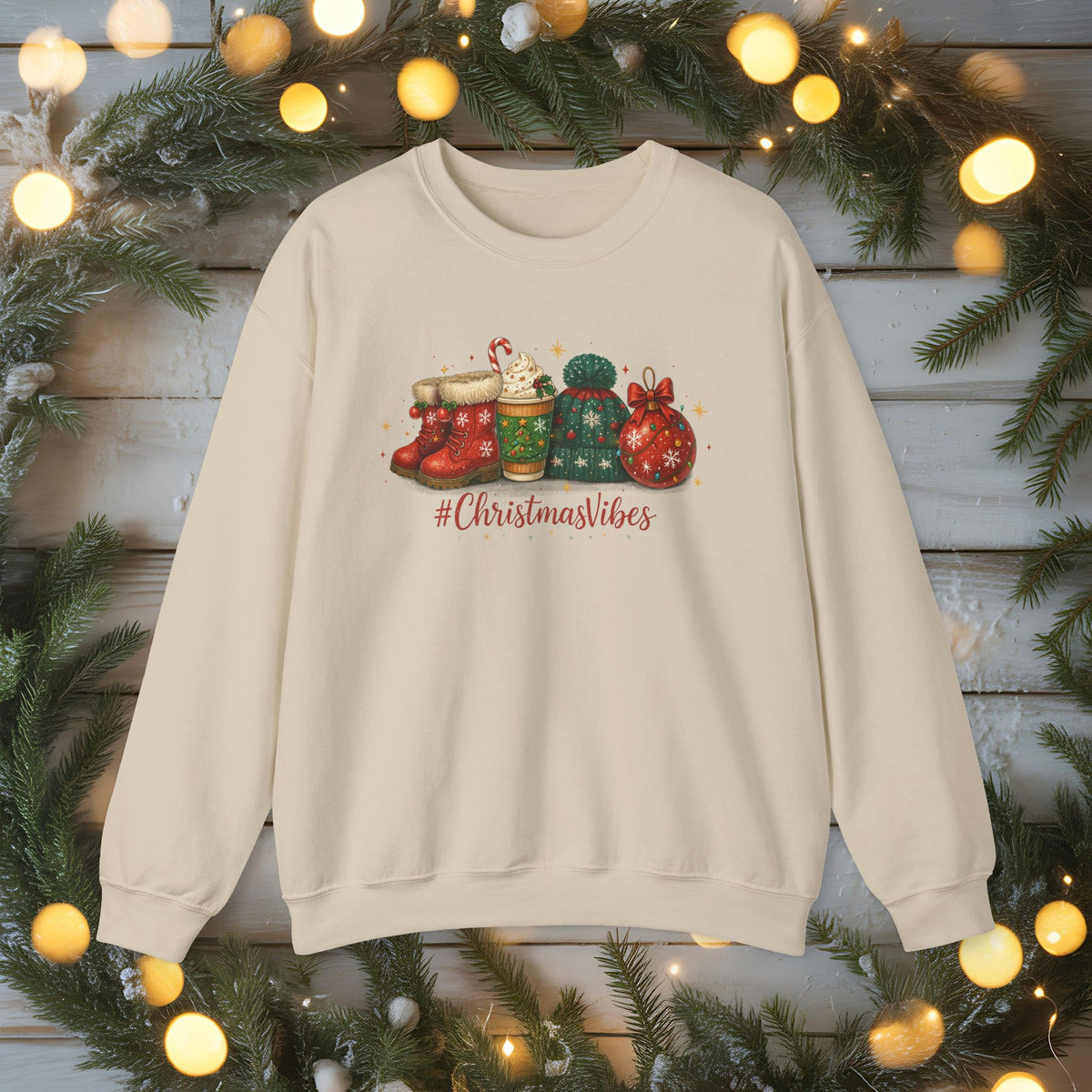 #ChristmasVibes Sweatshirt • Cute Holiday Crewneck • Red Boots, Beanie & Ornament Christmas Sweater • Winter Coffee Lover Sweatshirt • Cozy Gift