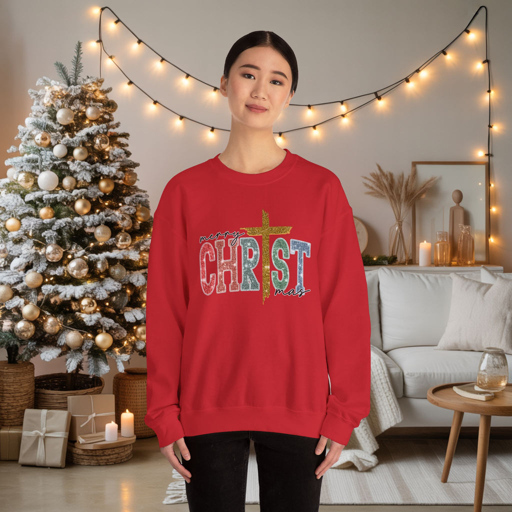 Merry CHRISTmas Sweatshirt • Christian Christmas Crewneck • Faux Glitter Cross Pullover • Faith Holiday Sweater • Jesus Christmas Shirt • Winter Gift for Her