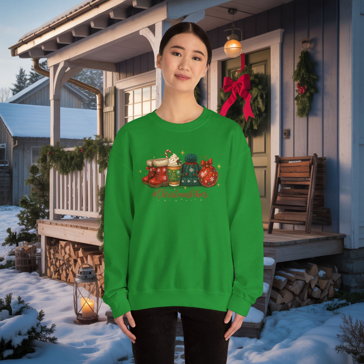 #ChristmasVibes Sweatshirt • Cute Holiday Crewneck • Red Boots, Beanie & Ornament Christmas Sweater • Winter Coffee Lover Sweatshirt • Cozy Gift