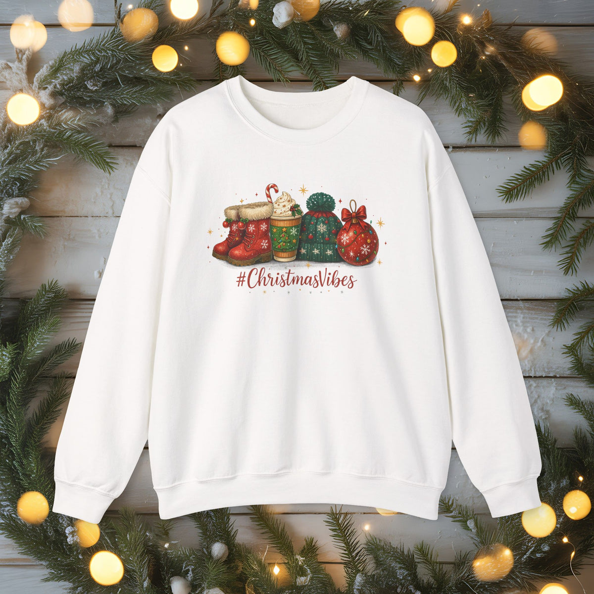 #ChristmasVibes Sweatshirt • Cute Holiday Crewneck • Red Boots, Beanie & Ornament Christmas Sweater • Winter Coffee Lover Sweatshirt • Cozy Gift