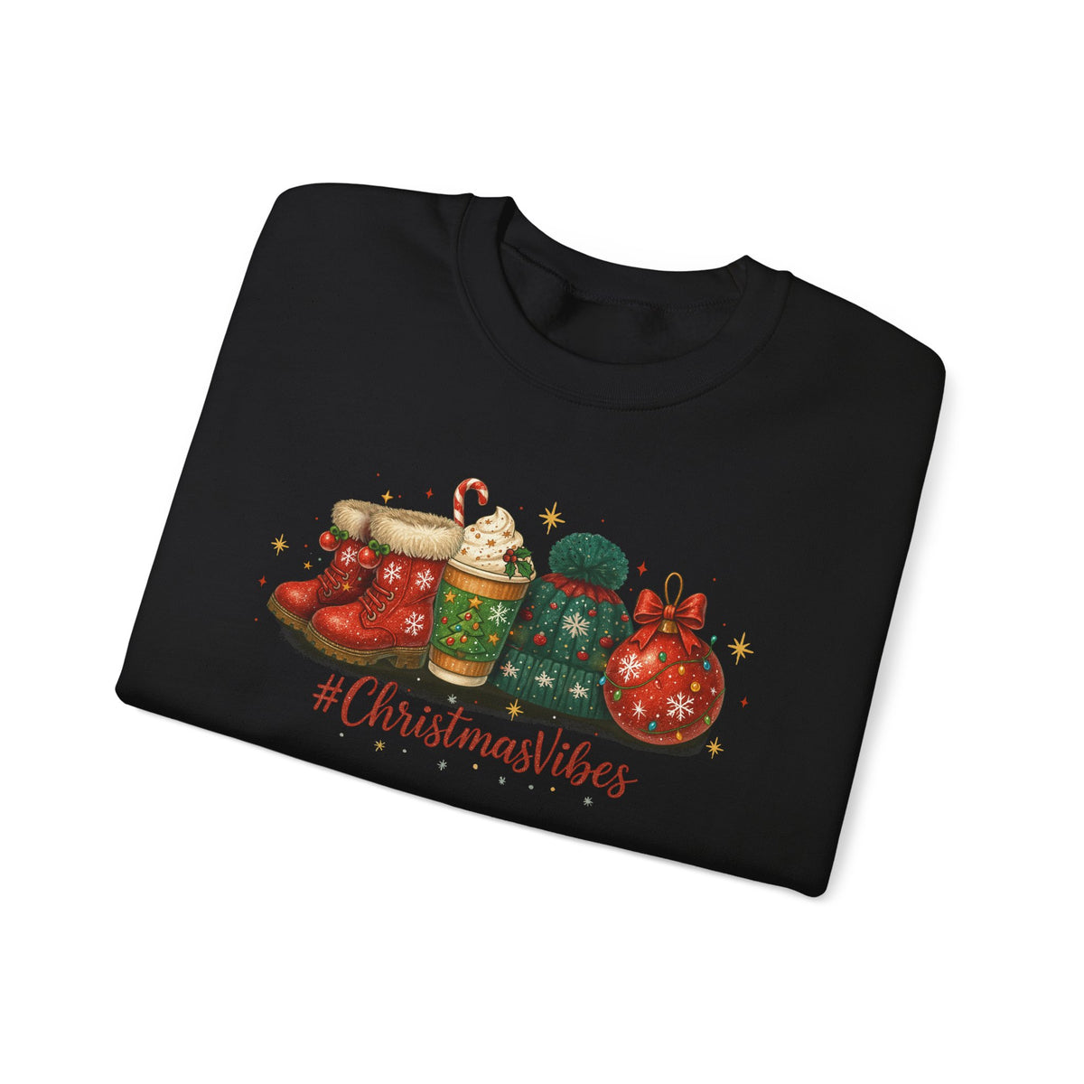 #ChristmasVibes Sweatshirt • Cute Holiday Crewneck • Red Boots, Beanie & Ornament Christmas Sweater • Winter Coffee Lover Sweatshirt • Cozy Gift