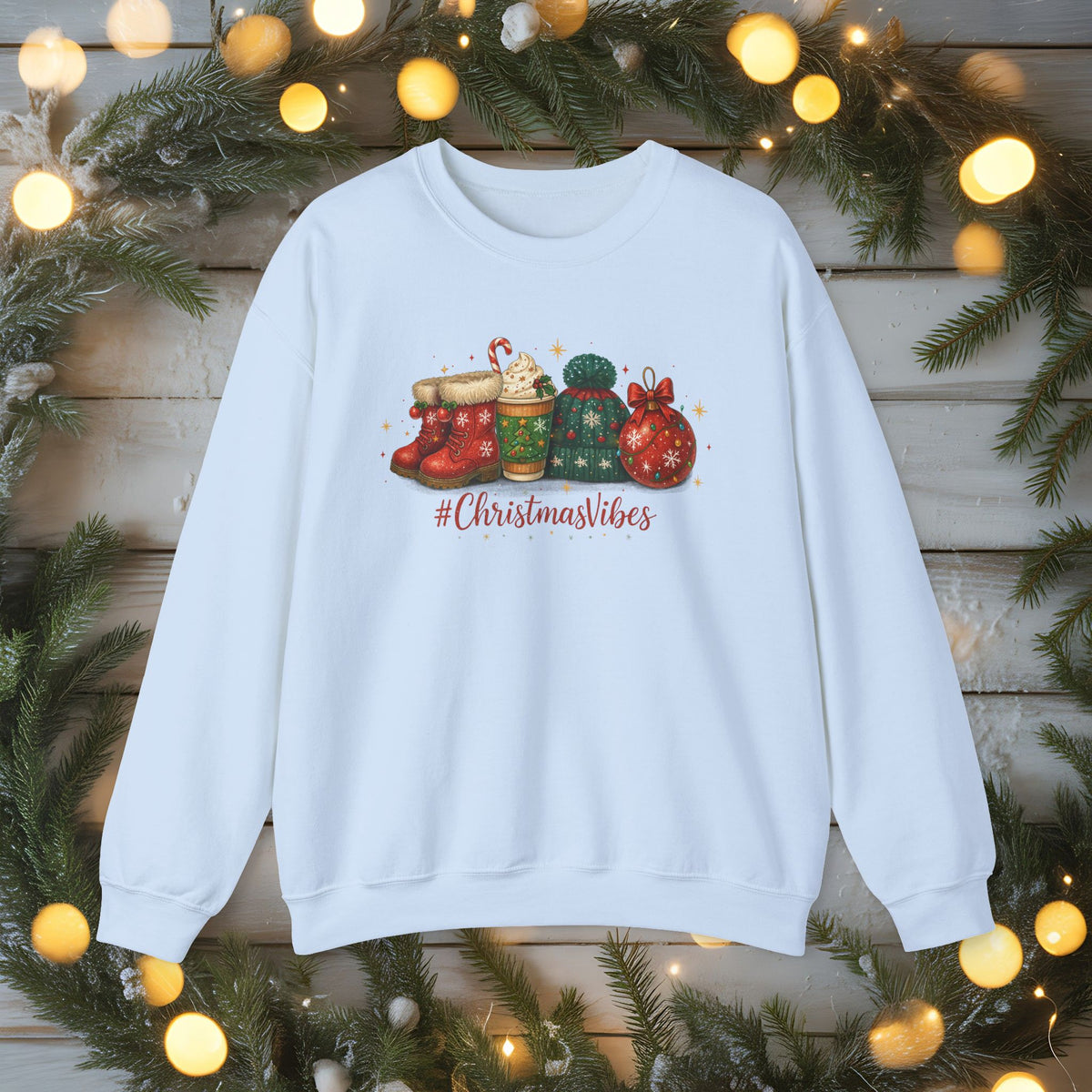 #ChristmasVibes Sweatshirt • Cute Holiday Crewneck • Red Boots, Beanie & Ornament Christmas Sweater • Winter Coffee Lover Sweatshirt • Cozy Gift