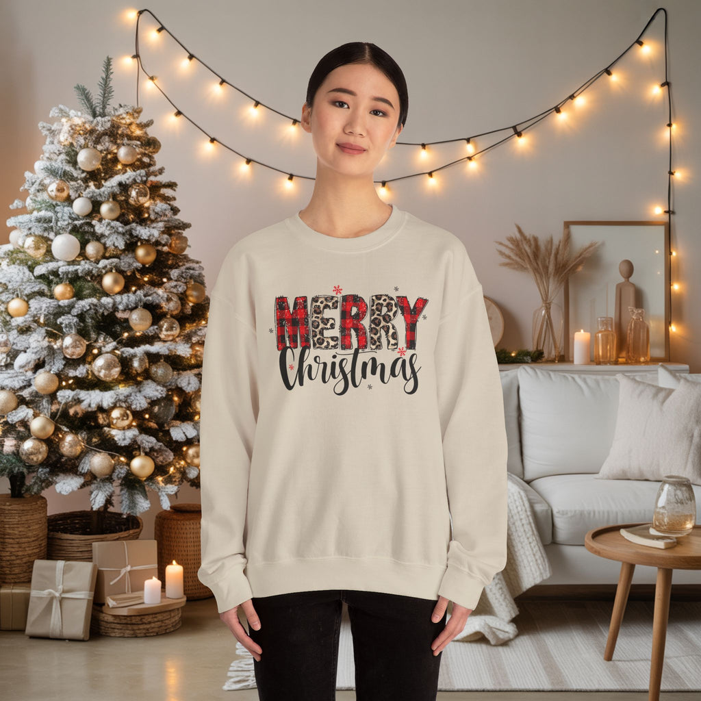 Merry Crewneck Sweatshirt • Leopard & Red Plaid Christmas Sweater • Cute Holiday Pullover for Women • Cozy Winter Sweatshirt • Gift for Her