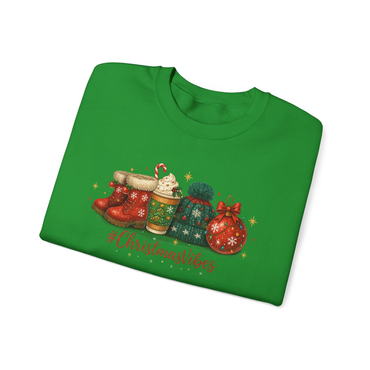 #ChristmasVibes Sweatshirt • Cute Holiday Crewneck • Red Boots, Beanie & Ornament Christmas Sweater • Winter Coffee Lover Sweatshirt • Cozy Gift
