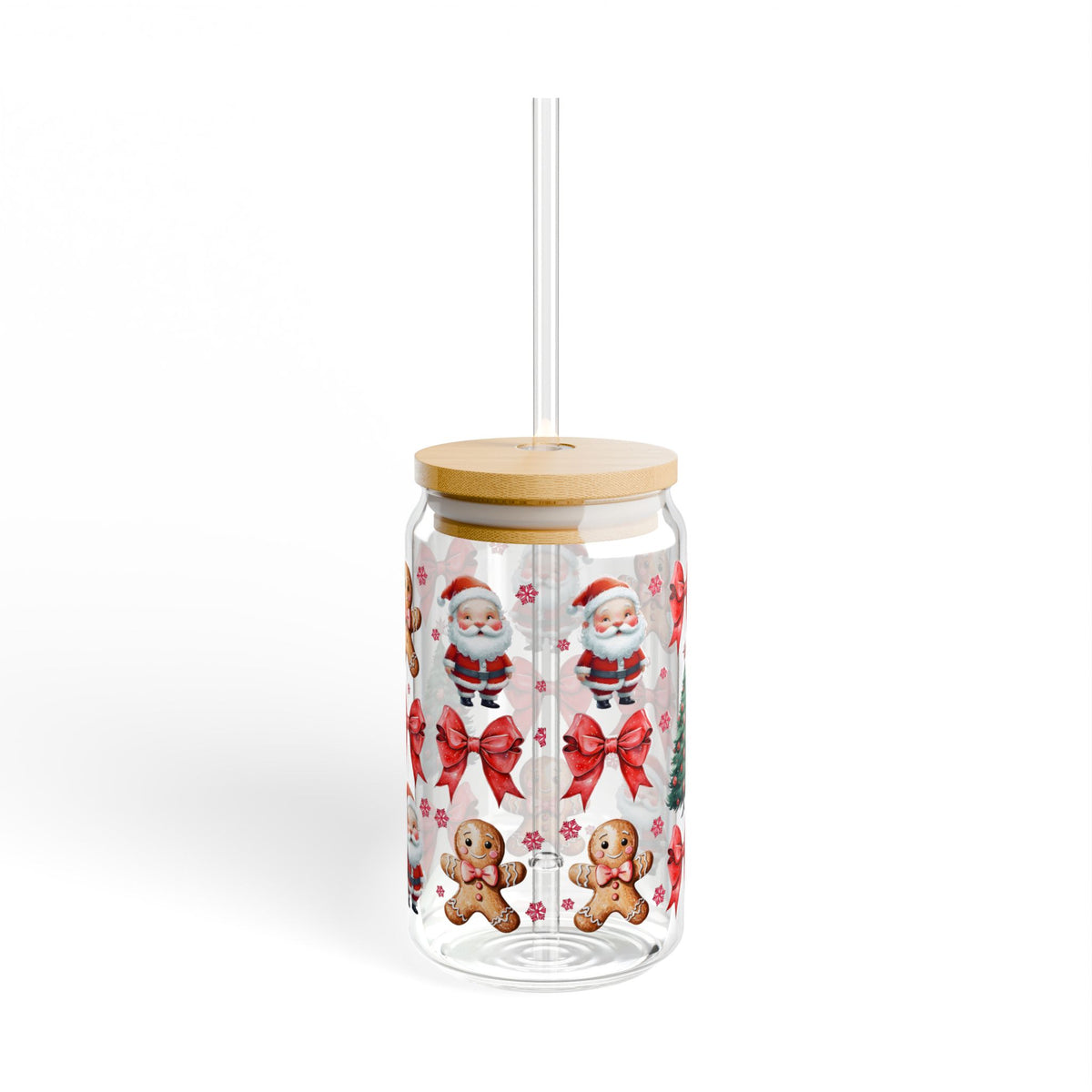 Christmas and Gingerbread Sipper Glass with Bamboo Lid, 16oz
