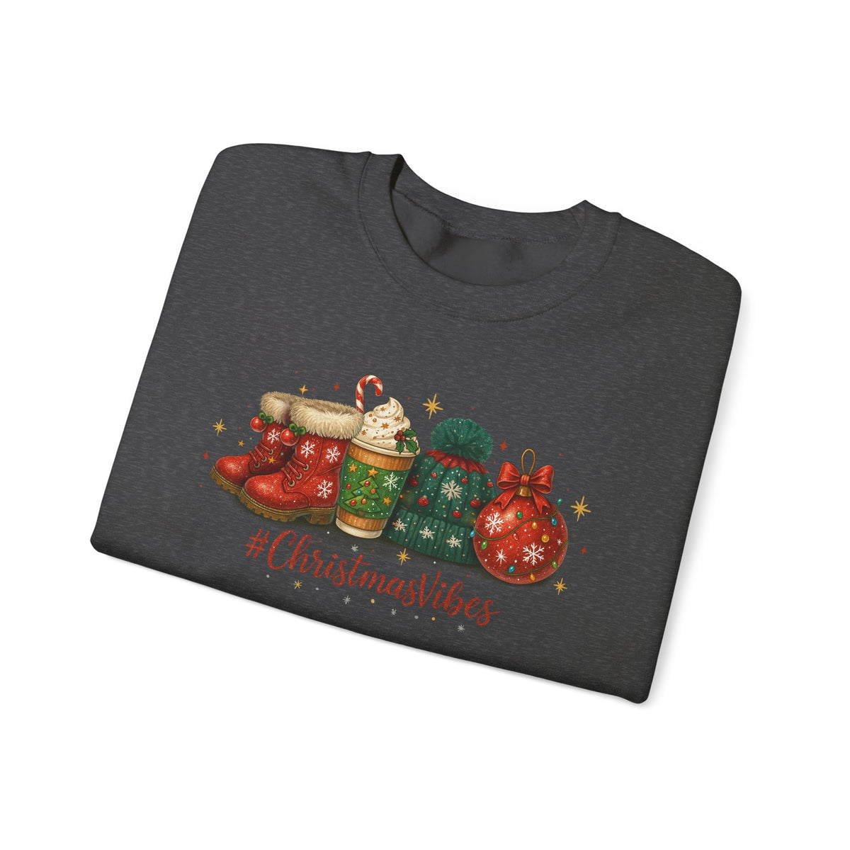 #ChristmasVibes Sweatshirt • Cute Holiday Crewneck • Red Boots, Beanie & Ornament Christmas Sweater • Winter Coffee Lover Sweatshirt • Cozy Gift