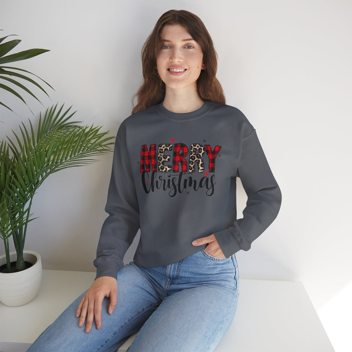 Merry Crewneck Sweatshirt • Leopard & Red Plaid Christmas Sweater • Cute Holiday Pullover for Women • Cozy Winter Sweatshirt • Gift for Her