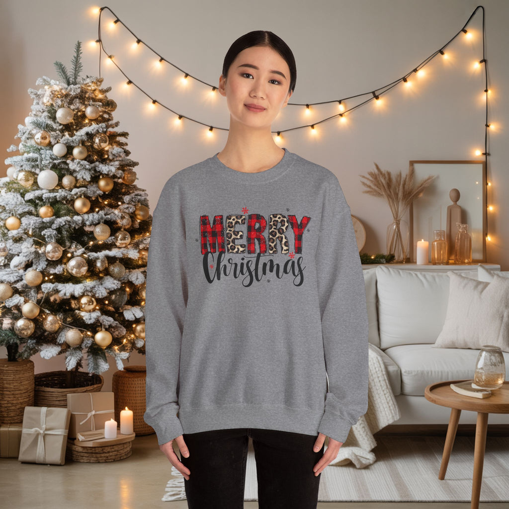 Merry Crewneck Sweatshirt • Leopard & Red Plaid Christmas Sweater • Cute Holiday Pullover for Women • Cozy Winter Sweatshirt • Gift for Her