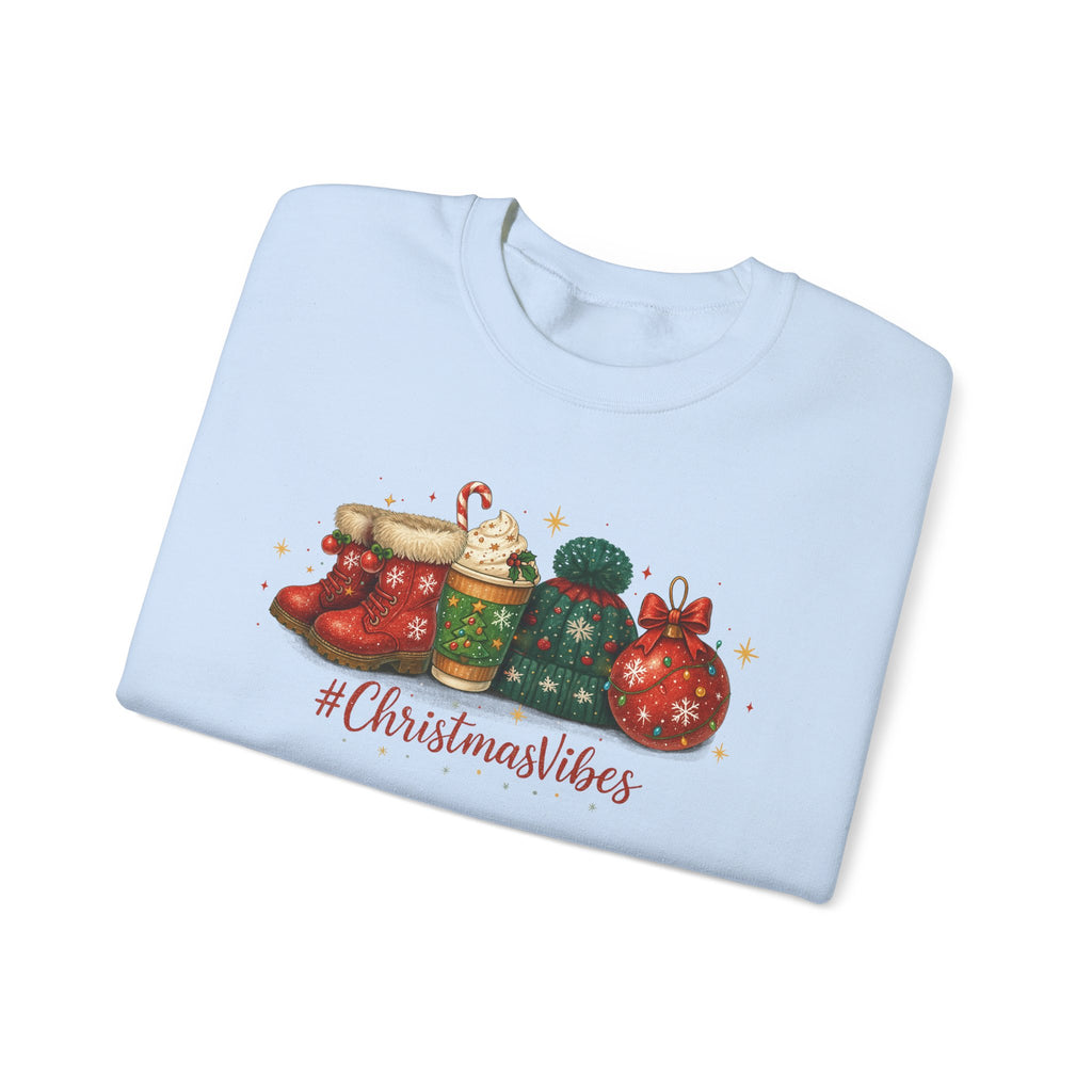 #ChristmasVibes Sweatshirt • Cute Holiday Crewneck • Red Boots, Beanie & Ornament Christmas Sweater • Winter Coffee Lover Sweatshirt • Cozy Gift
