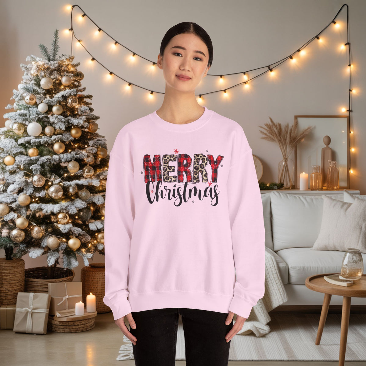 Merry Crewneck Sweatshirt • Leopard & Red Plaid Christmas Sweater • Cute Holiday Pullover for Women • Cozy Winter Sweatshirt • Gift for Her
