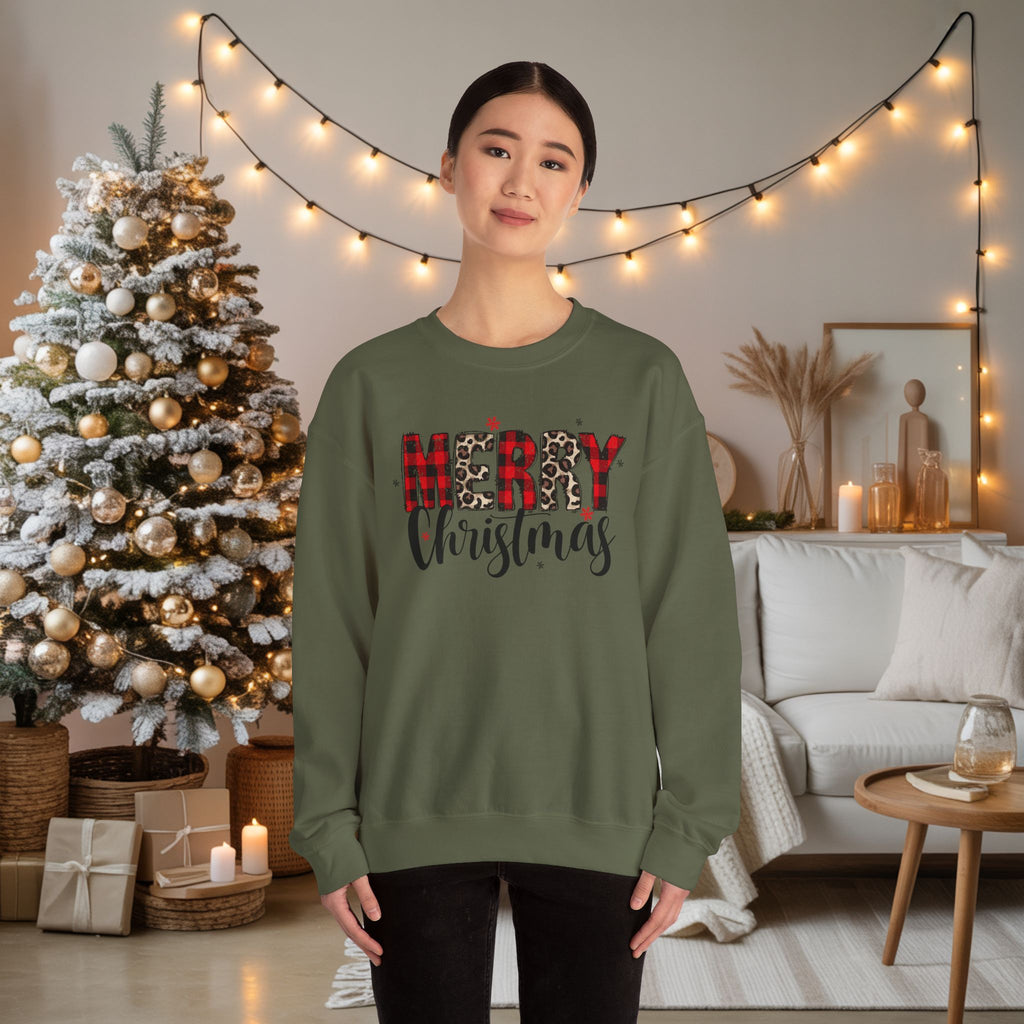 Merry Crewneck Sweatshirt • Leopard & Red Plaid Christmas Sweater • Cute Holiday Pullover for Women • Cozy Winter Sweatshirt • Gift for Her