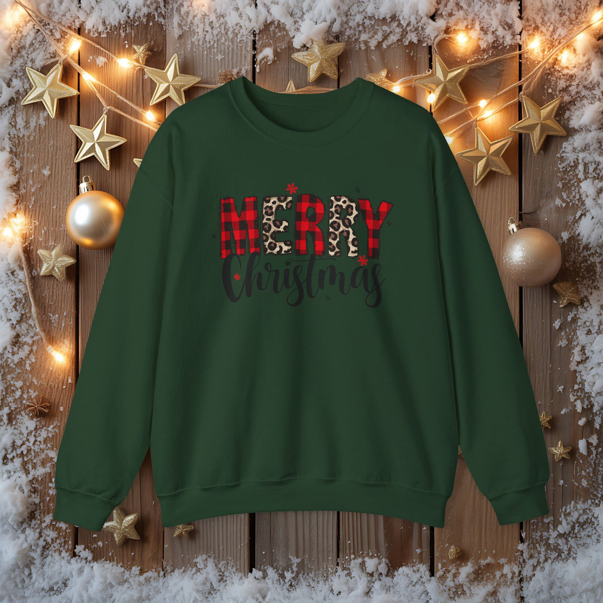 Merry Crewneck Sweatshirt • Leopard & Red Plaid Christmas Sweater • Cute Holiday Pullover for Women • Cozy Winter Sweatshirt • Gift for Her
