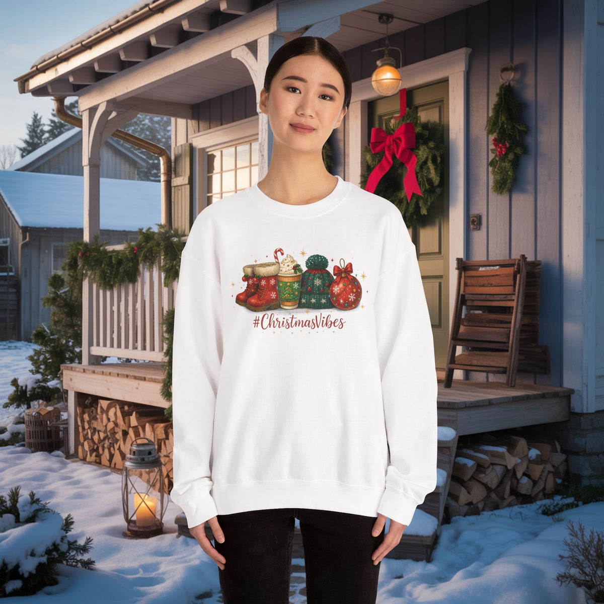 #ChristmasVibes Sweatshirt • Cute Holiday Crewneck • Red Boots, Beanie & Ornament Christmas Sweater • Winter Coffee Lover Sweatshirt • Cozy Gift