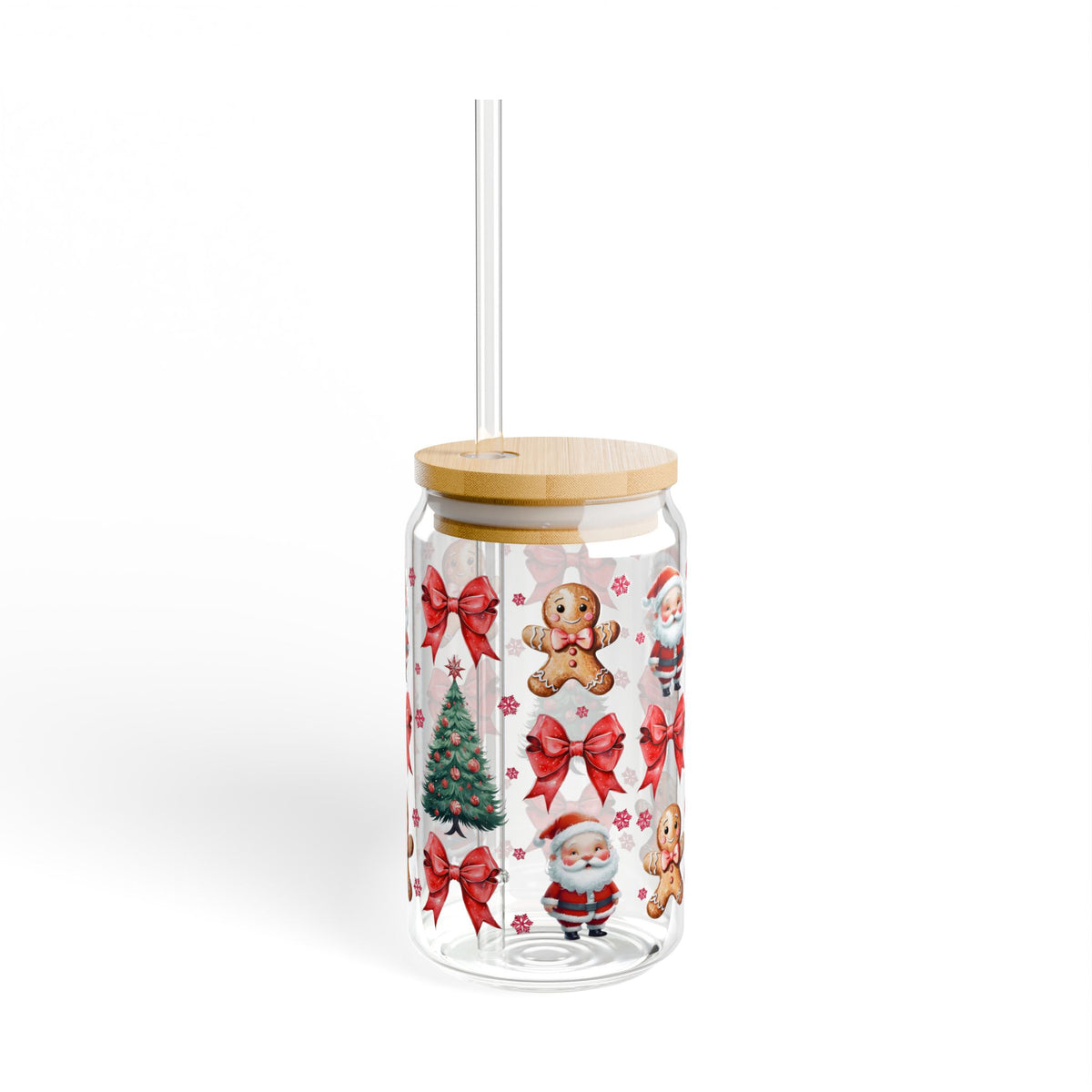 Christmas and Gingerbread Sipper Glass with Bamboo Lid, 16oz