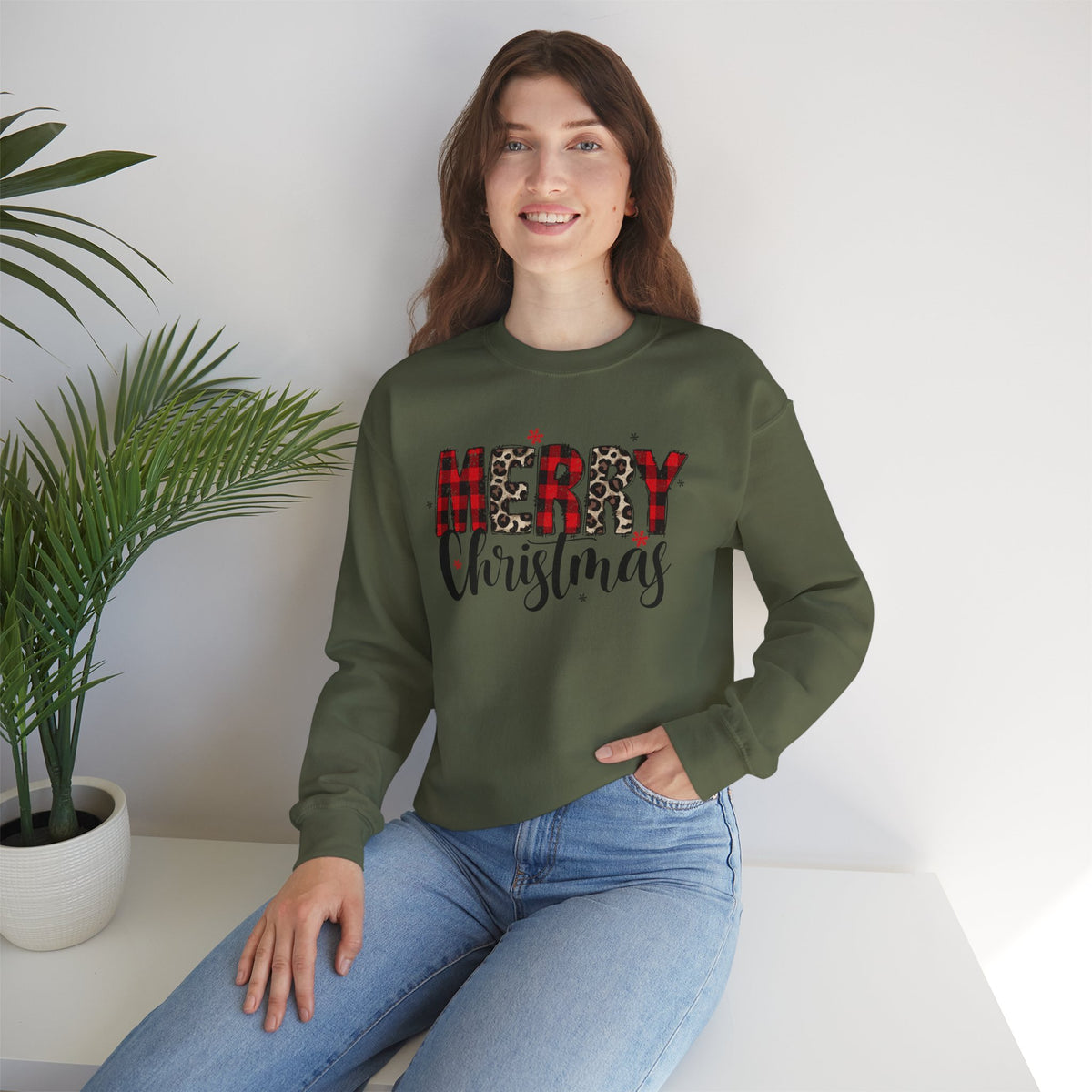 Merry Crewneck Sweatshirt • Leopard & Red Plaid Christmas Sweater • Cute Holiday Pullover for Women • Cozy Winter Sweatshirt • Gift for Her
