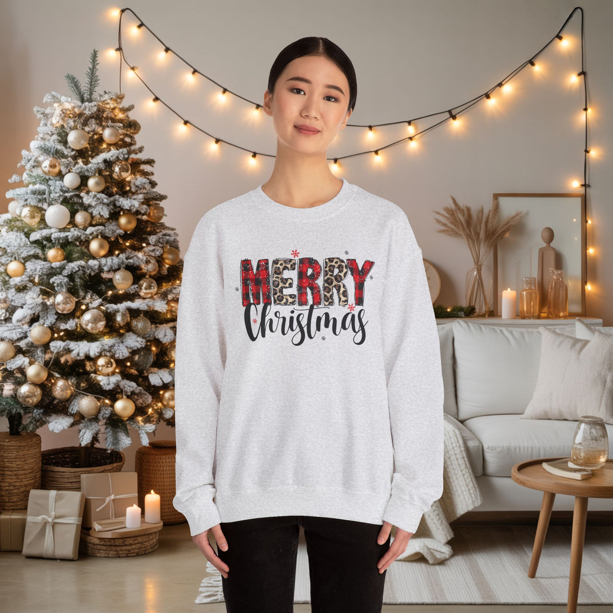 Merry Crewneck Sweatshirt • Leopard & Red Plaid Christmas Sweater • Cute Holiday Pullover for Women • Cozy Winter Sweatshirt • Gift for Her
