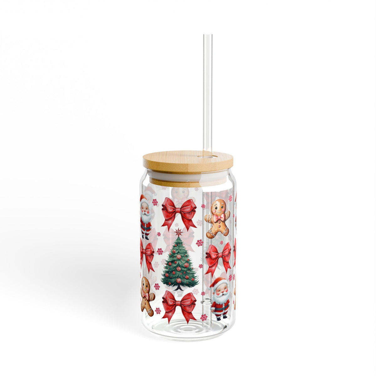Christmas and Gingerbread Sipper Glass with Bamboo Lid, 16oz