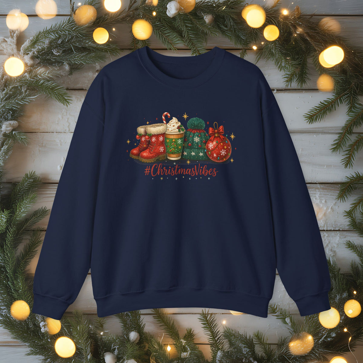 #ChristmasVibes Sweatshirt • Cute Holiday Crewneck • Red Boots, Beanie & Ornament Christmas Sweater • Winter Coffee Lover Sweatshirt • Cozy Gift
