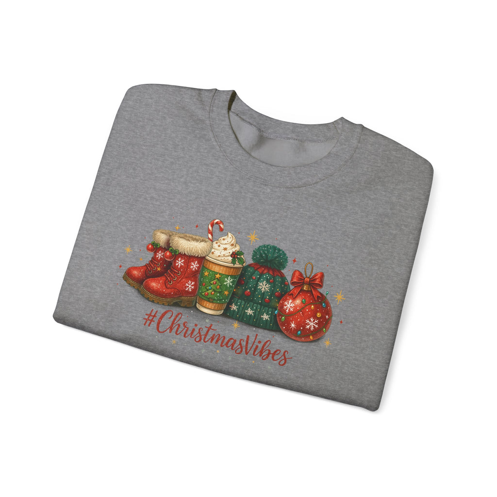#ChristmasVibes Sweatshirt • Cute Holiday Crewneck • Red Boots, Beanie & Ornament Christmas Sweater • Winter Coffee Lover Sweatshirt • Cozy Gift