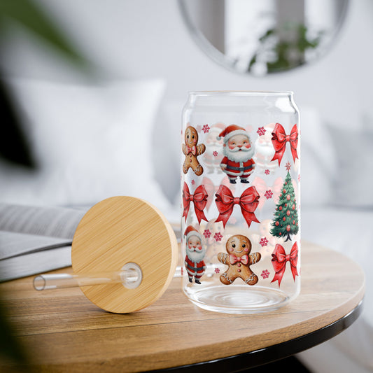 Christmas and Gingerbread Sipper Glass with Bamboo Lid, 16oz