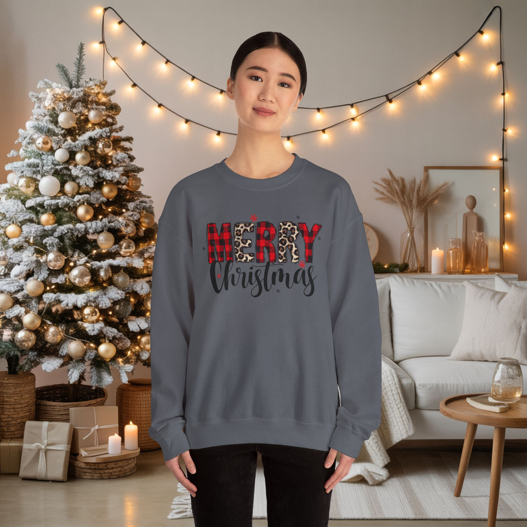 Merry Crewneck Sweatshirt • Leopard & Red Plaid Christmas Sweater • Cute Holiday Pullover for Women • Cozy Winter Sweatshirt • Gift for Her