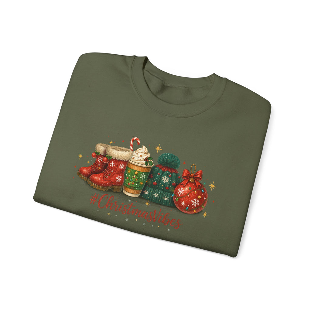 #ChristmasVibes Sweatshirt • Cute Holiday Crewneck • Red Boots, Beanie & Ornament Christmas Sweater • Winter Coffee Lover Sweatshirt • Cozy Gift