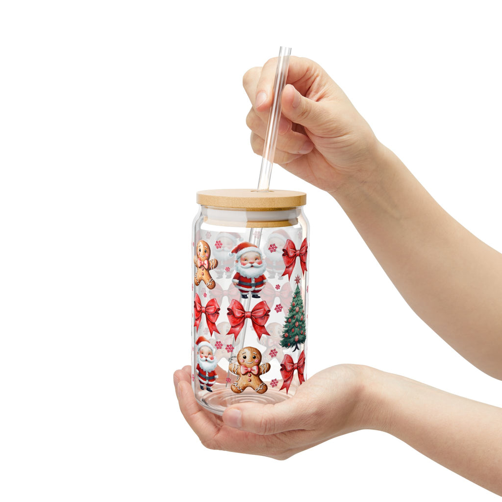Christmas and Gingerbread Sipper Glass with Bamboo Lid, 16oz
