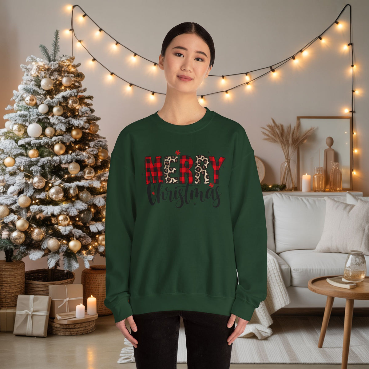 Merry Crewneck Sweatshirt • Leopard & Red Plaid Christmas Sweater • Cute Holiday Pullover for Women • Cozy Winter Sweatshirt • Gift for Her