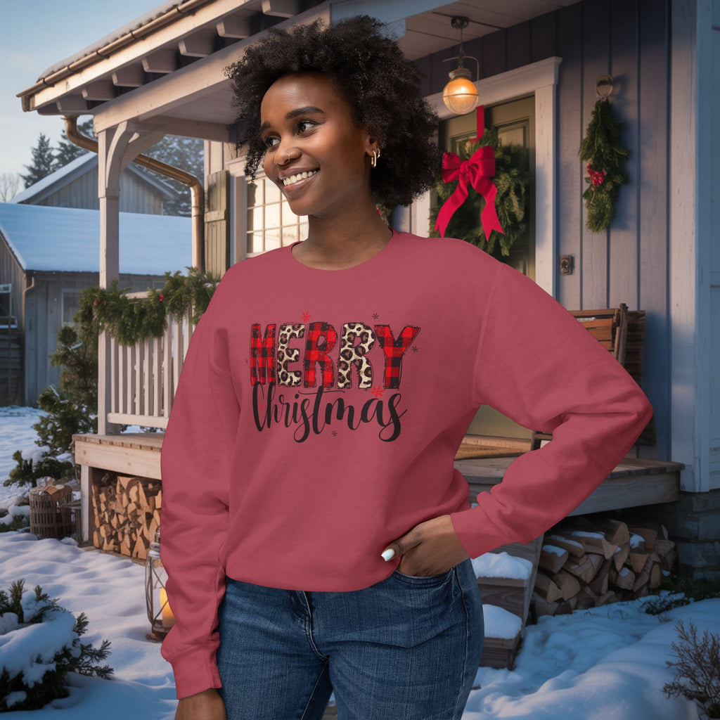 Merry Sweatshirt • Red Plaid & Leopard Print Christmas Sweater • Comfort Colors Crewneck • Trendy Holiday Sweatshirt for Women • Cute Winter Gift