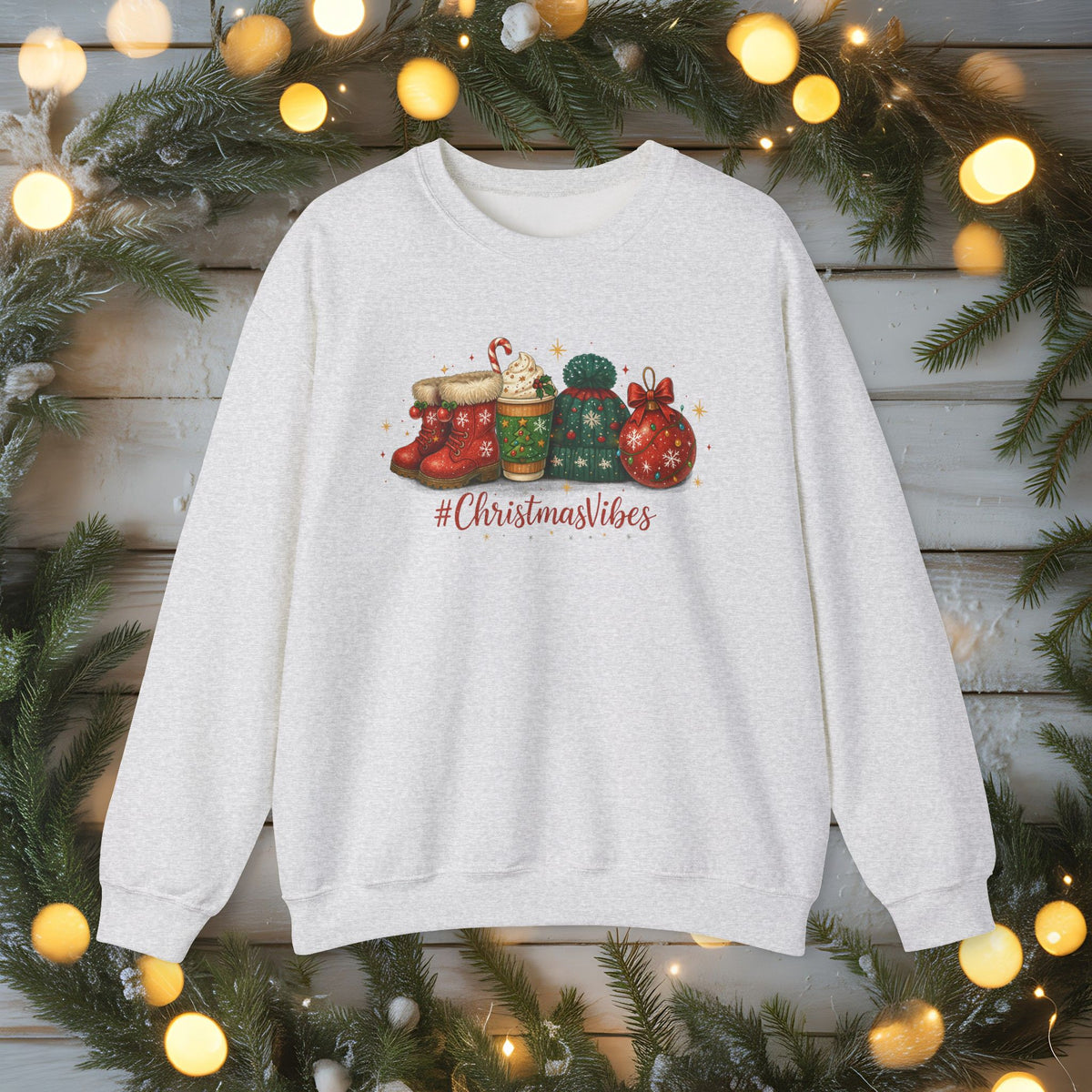 #ChristmasVibes Sweatshirt • Cute Holiday Crewneck • Red Boots, Beanie & Ornament Christmas Sweater • Winter Coffee Lover Sweatshirt • Cozy Gift