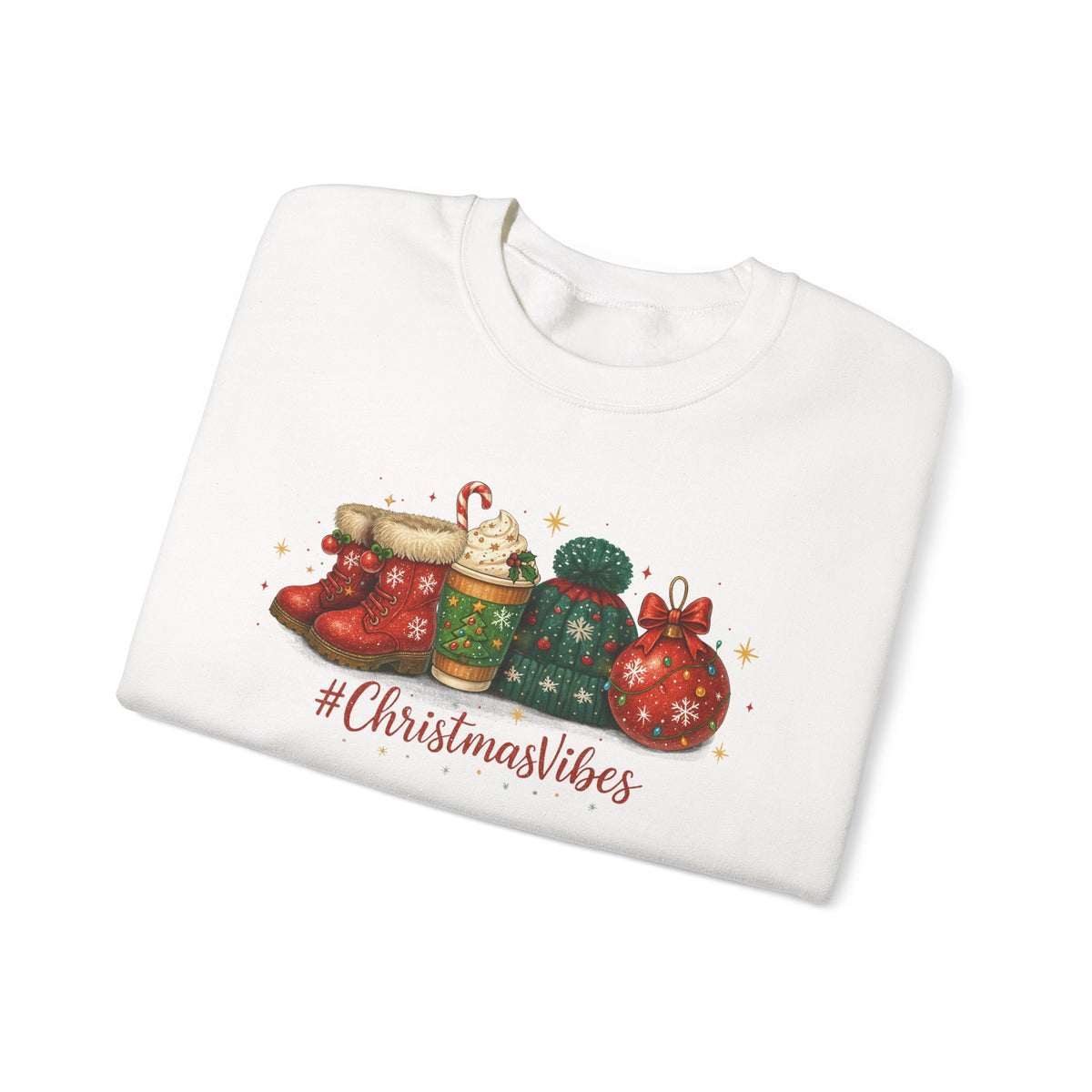 #ChristmasVibes Sweatshirt • Cute Holiday Crewneck • Red Boots, Beanie & Ornament Christmas Sweater • Winter Coffee Lover Sweatshirt • Cozy Gift