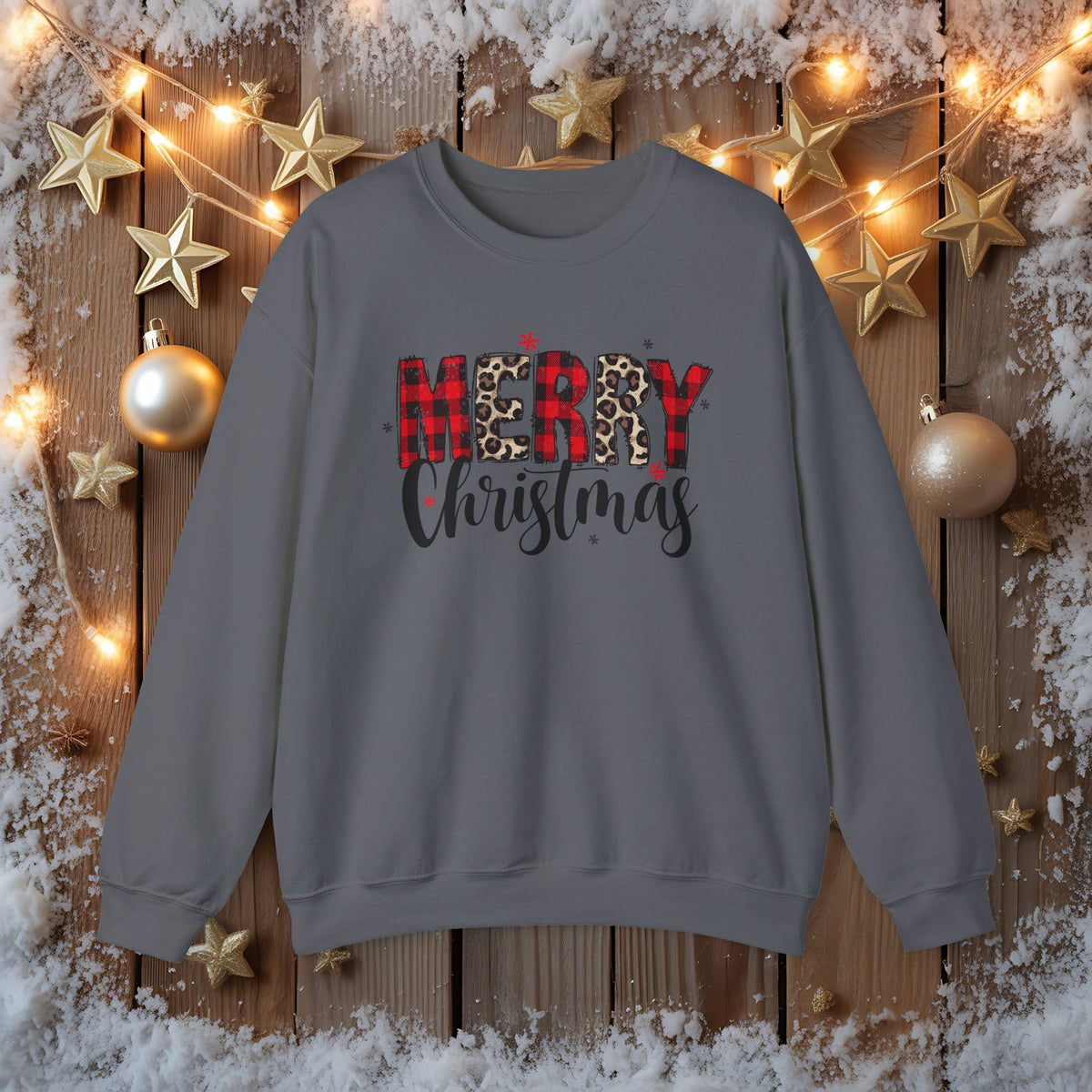 Merry Crewneck Sweatshirt • Leopard & Red Plaid Christmas Sweater • Cute Holiday Pullover for Women • Cozy Winter Sweatshirt • Gift for Her