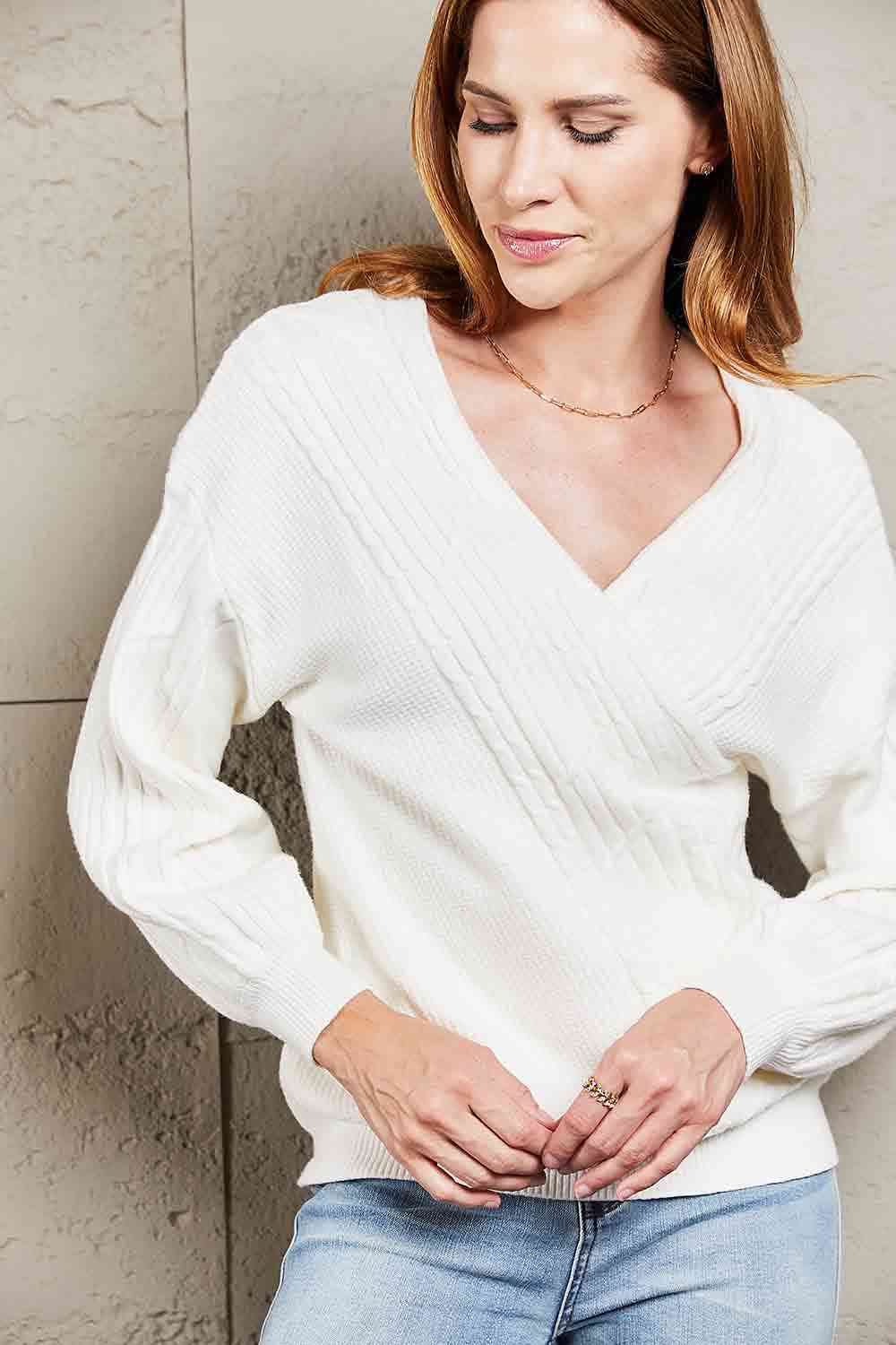 Double Take Ribbed Puff Sleeve Surplice Sweater